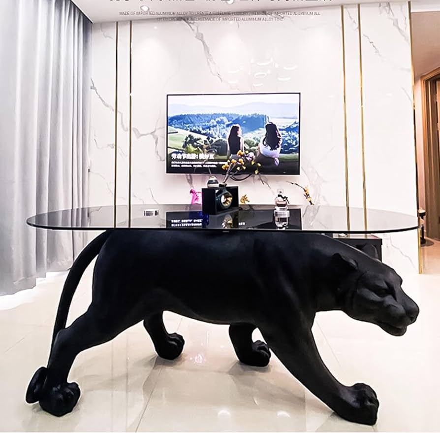 Amazon.co.jp: ヒョウ柄コーヒーテーブル楕円形ガラス付き現代強化